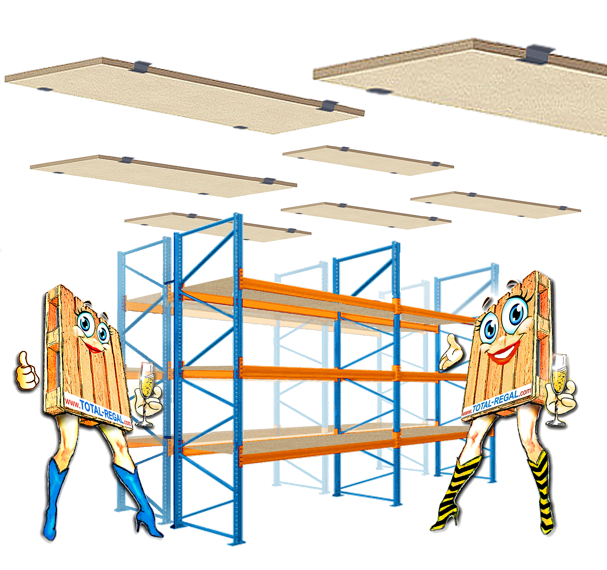 2-Feld-Doppelregal 3,0 m hoch, 3 Ebene mit Spanplatten (= 6 Rahmen + 24 Traversen)