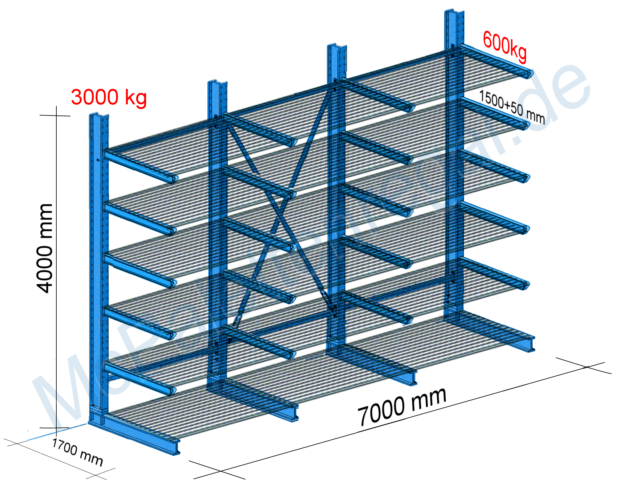 Kragarmregal, einseitig 4 m hoch, 7 m lang, 6 Lagerebenen, 1,5 m auskragend