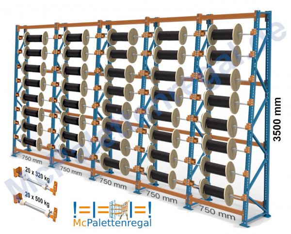 Kabeltrommelregal schräg 3,5 m hoch, 5 Felder, je 8 Trommel-Ebenen