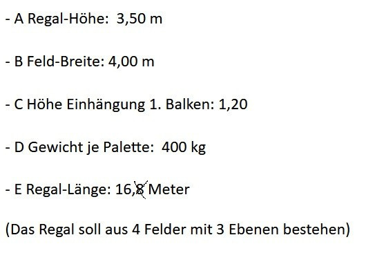 SONDER-Regal 3,5 m hoch, 4 Felder je 4 m, 3 Traversen-Ebenen (= 5 Rahmen + 24 Traversen)