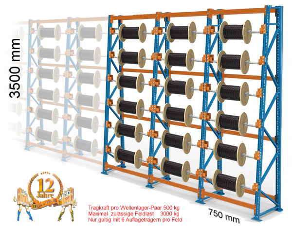 Kabeltrommelregal schräg 3,5 m hoch, 3 Felder, je 6 Trommel-Ebenen-plus