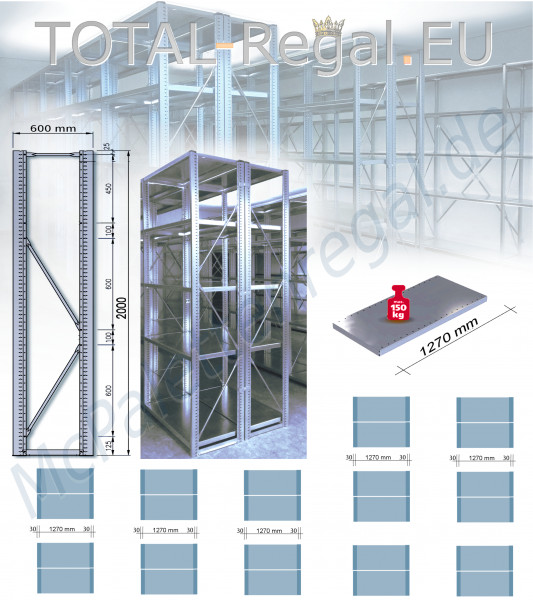 Fachboden-Doppelregale, 2 m hoch, 48 Rahmen, 120 Böden 127 cm