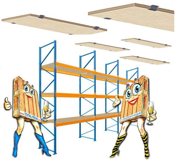 3-Feld-Regal 3,0 m hoch, 3 Ebene mit Spanplatten (= 4 Rahmen + 18 Traversen)