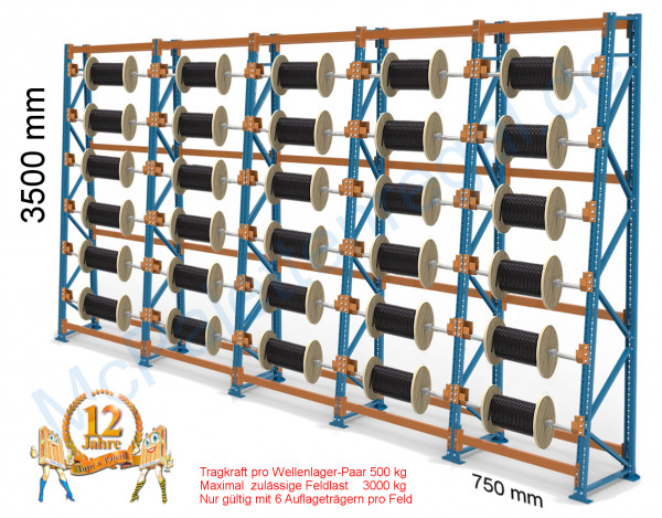 Kabeltrommelregal schräg 3,5 m hoch, 5 Felder, je 6 Trommel-Ebenen